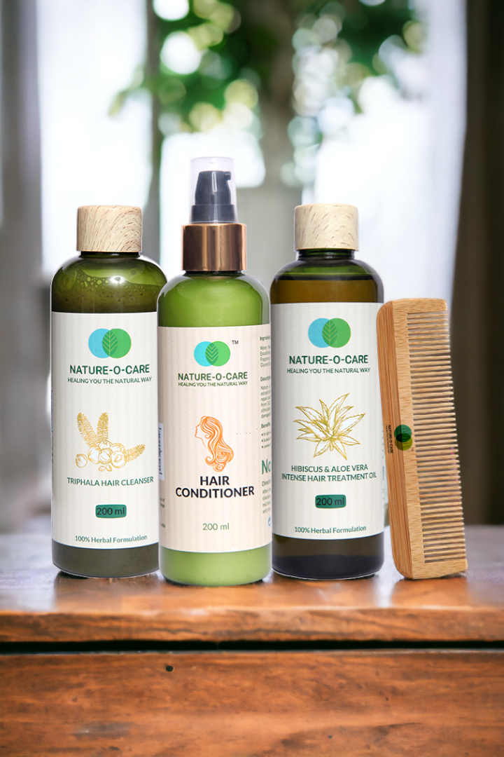 Hair Combo - 1 Triphala Hair Cleanser, Hair Conditioner, Hibuscus And Aloe Vera Intense Hair Oil, Wooden Comb, Eco Friendly Bag